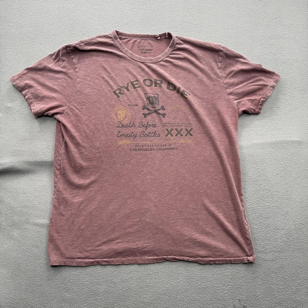 Lucky Brand Shirt Mens XL Pink Rye Or Die Whiskey Skull Graphic Tee Tagless